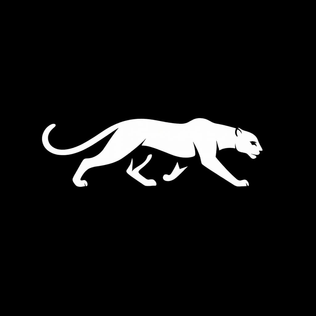 Sleek white silhouette of a muscular panther prowling against a solid black background.
