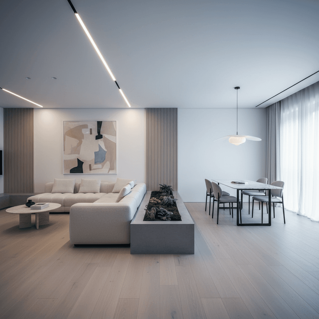 Modern, minimalist interior design photograph of a transformed residential space