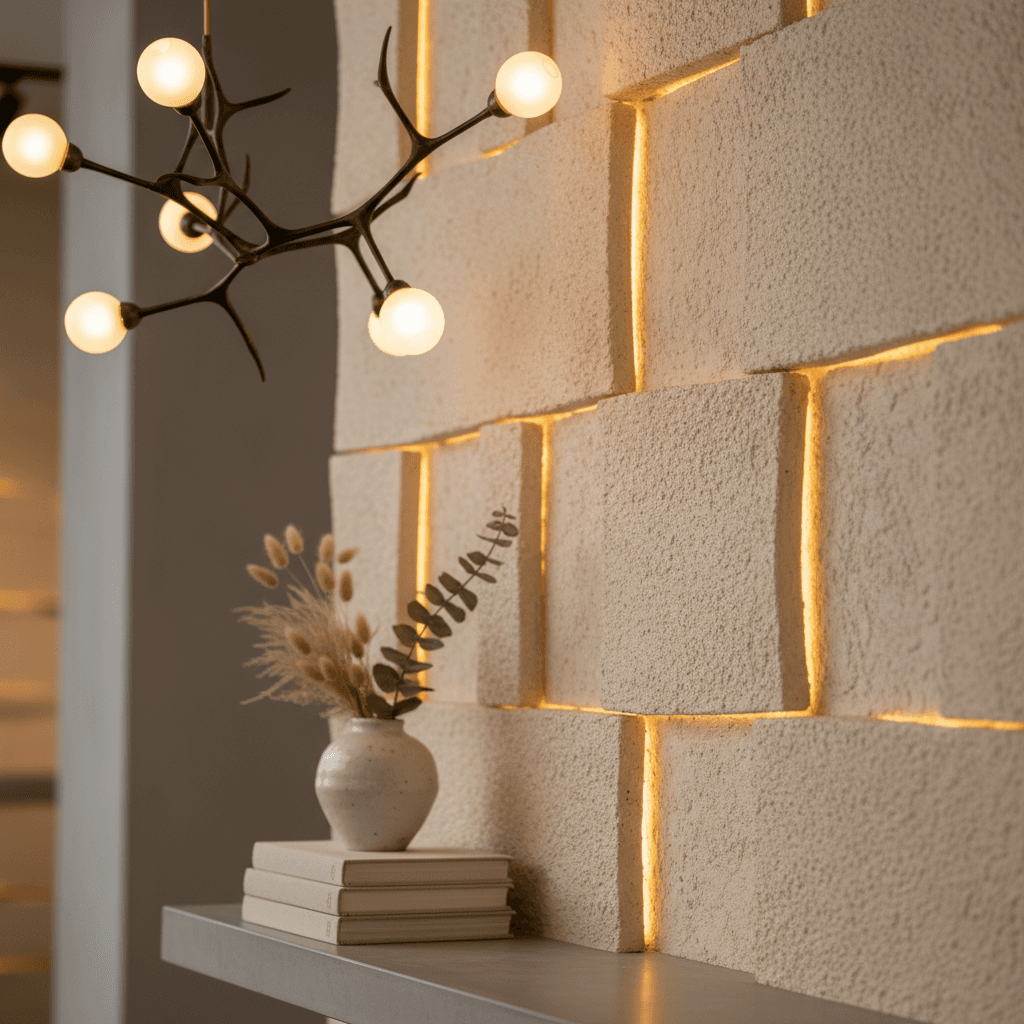 An intimate, artistic close-up of architectural or design detail within a styled space