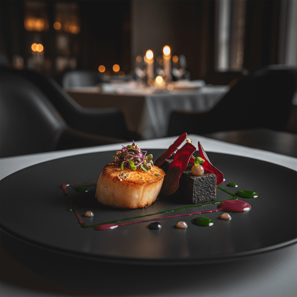 Artfully plated private dinner course with candlelit atmosphere