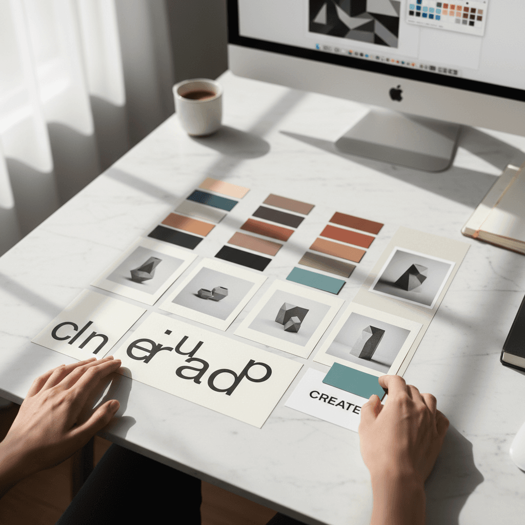 Design mood board with fabric swatches and color palette references