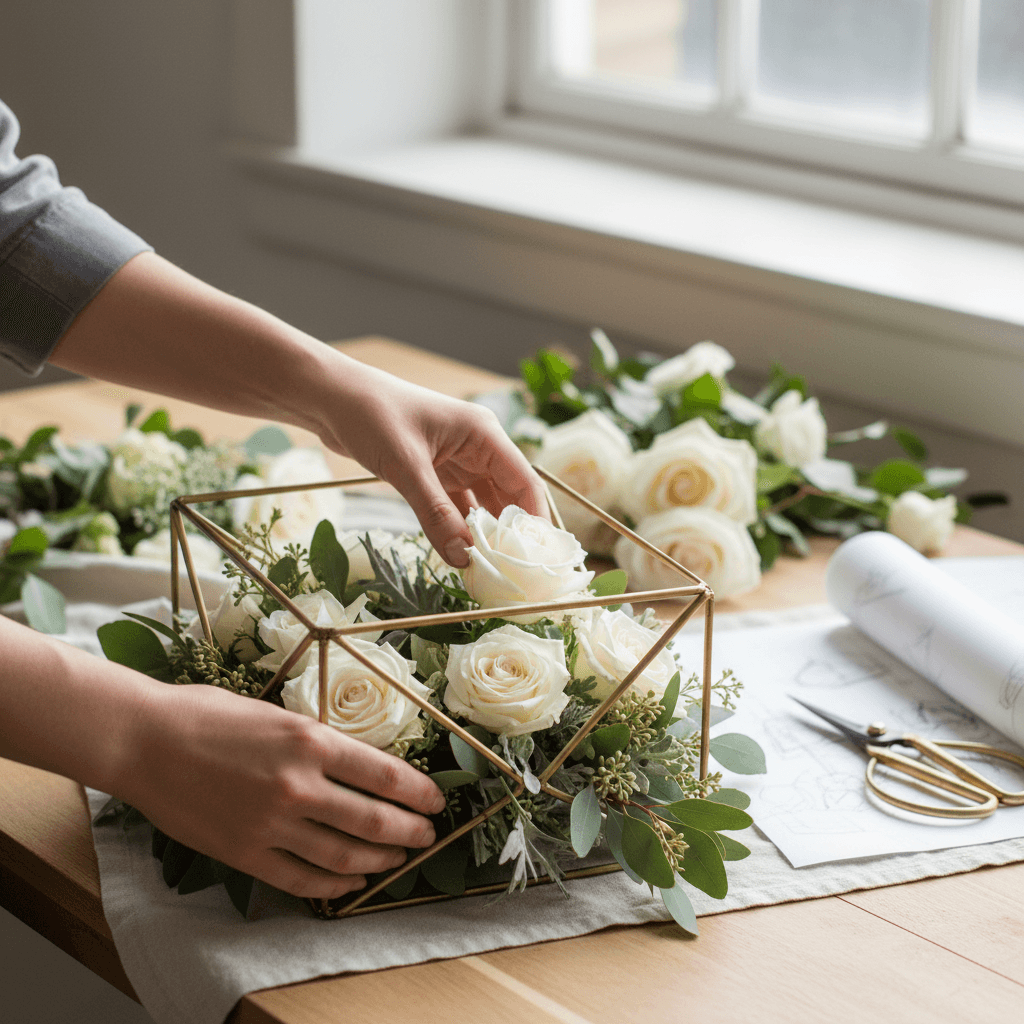 Designer hands curating floral arrangement for event styling
