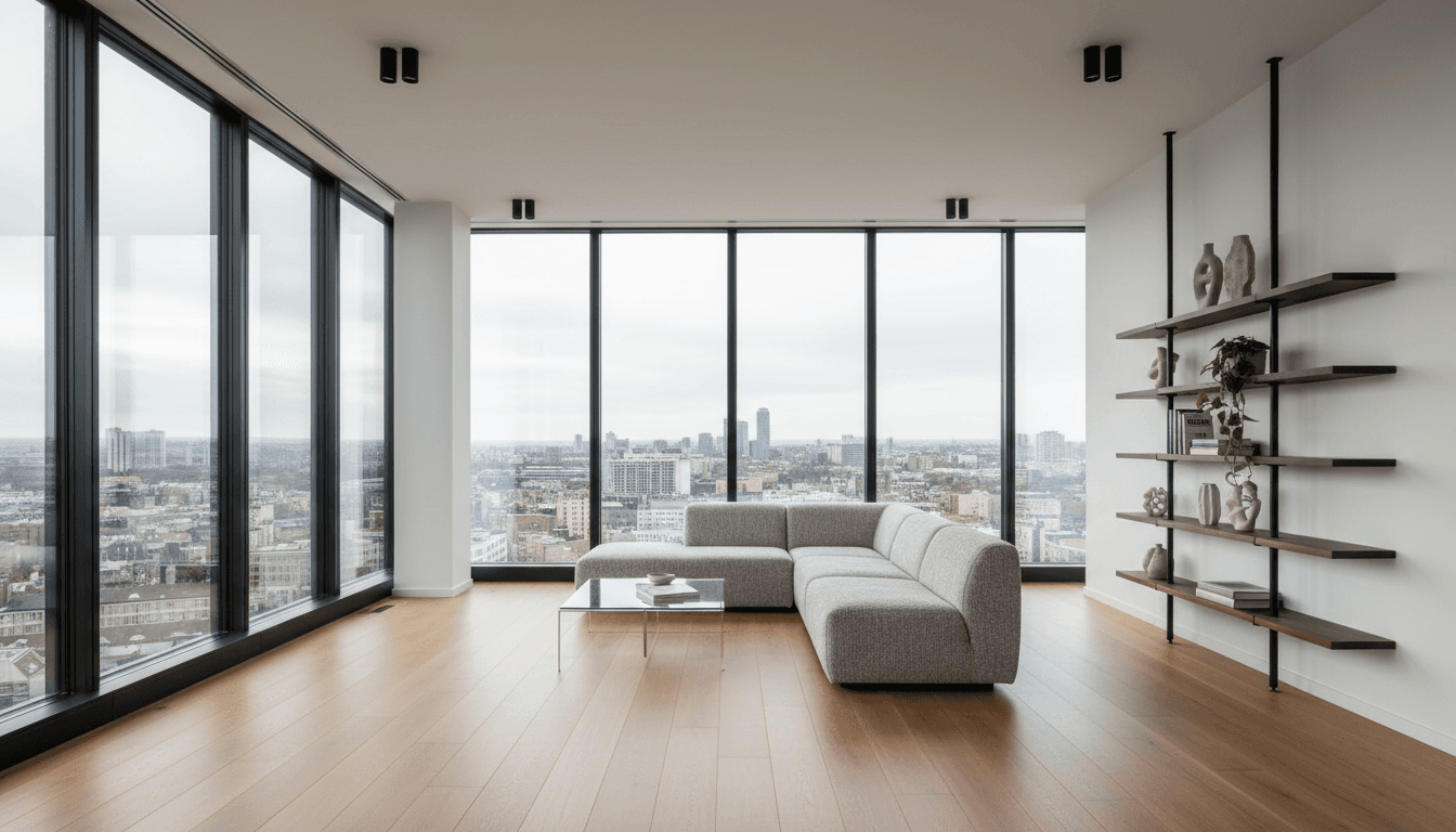 Modern interior space with geometric lines and sculptural elements