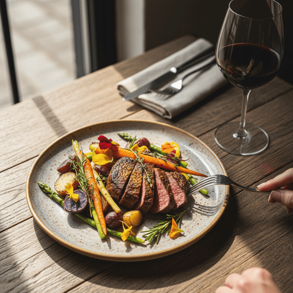 Artfully plated dinner course with minimalist table setting