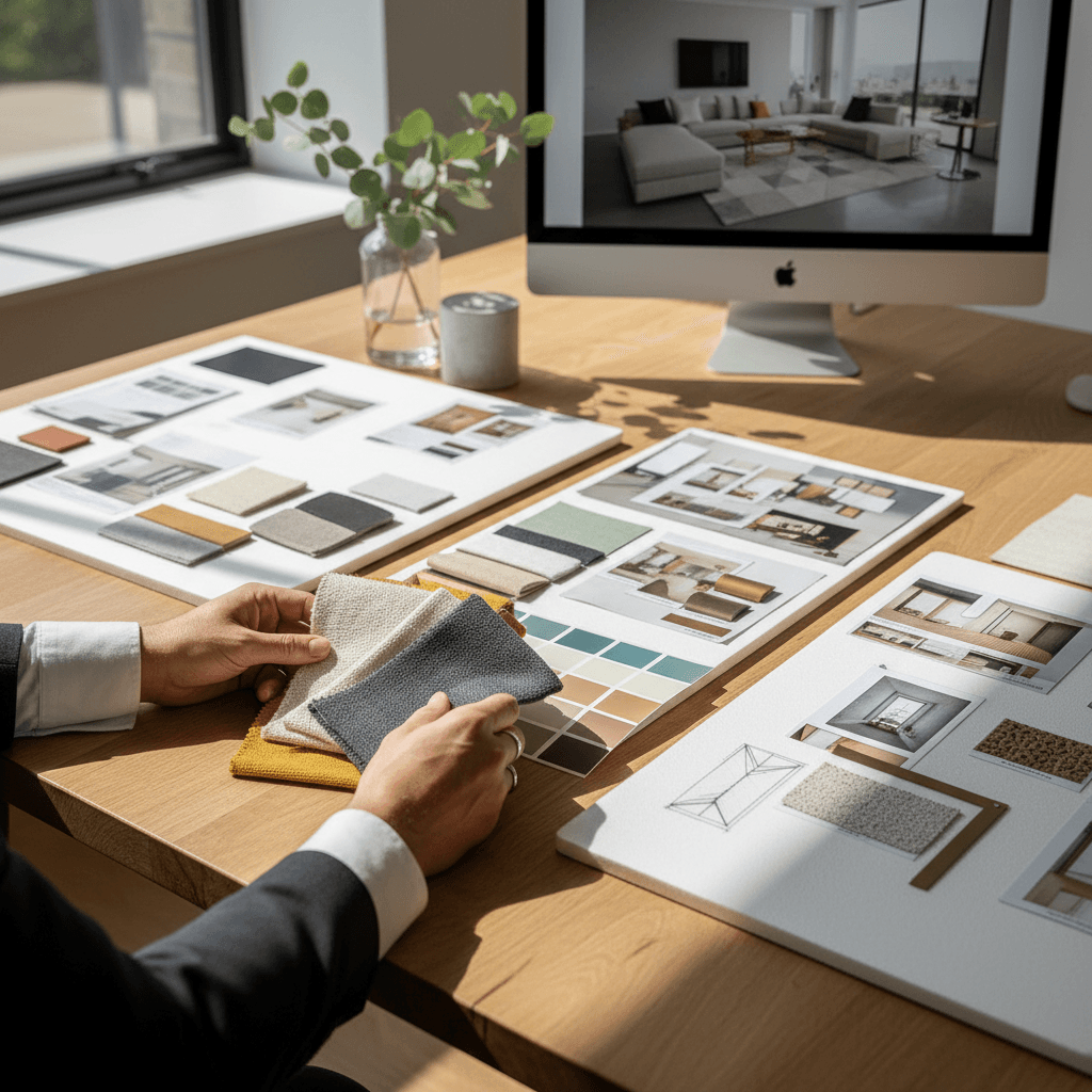 Designer reviewing material selections and color palettes