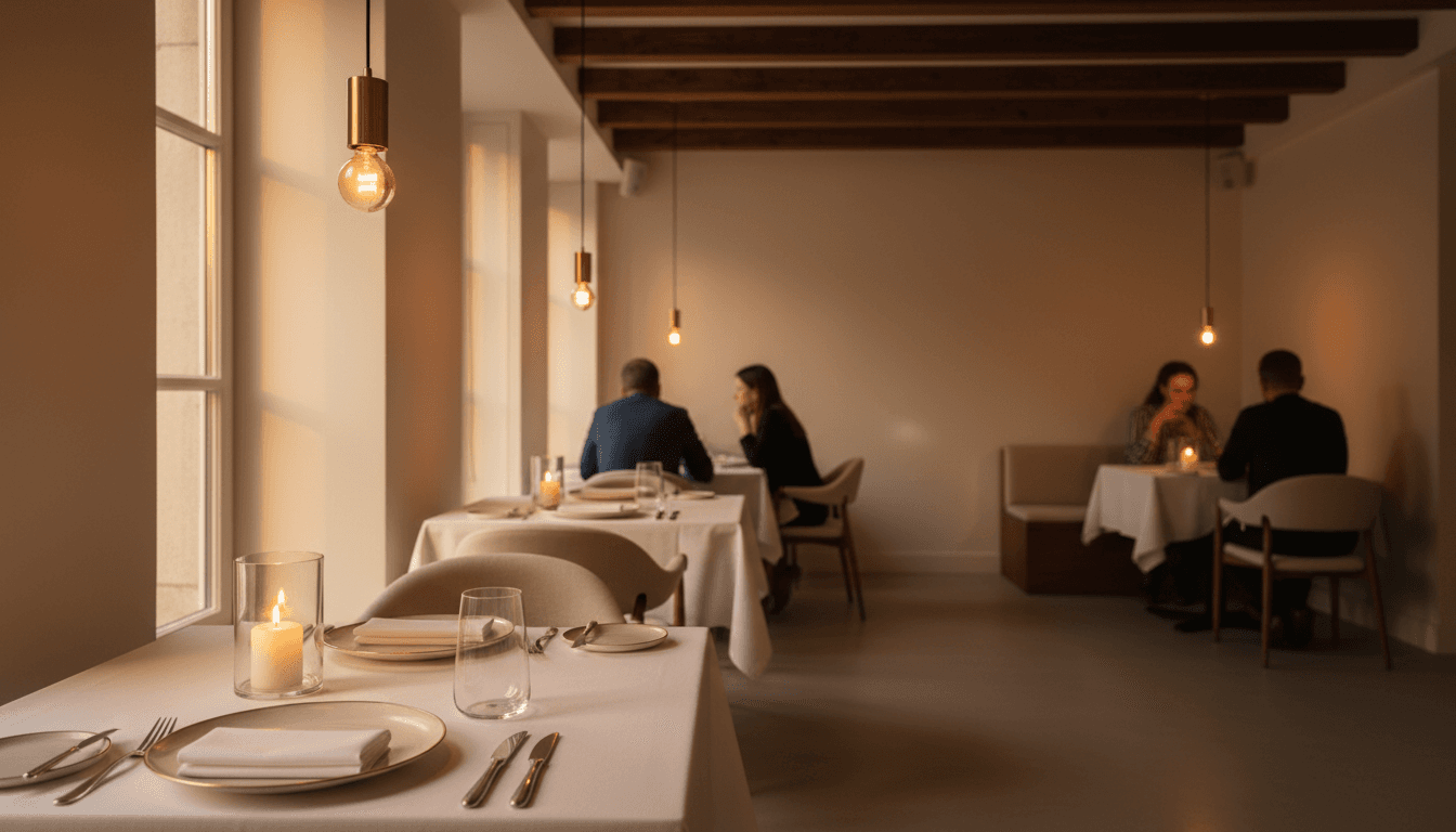 Intimate candlelit dinner table with artistic floral arrangement in minimal gallery space