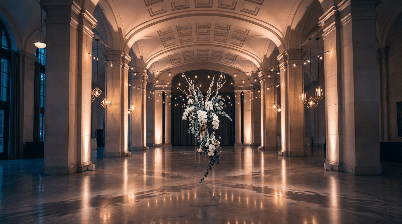 Event space transformation showcasing atmospheric lighting design