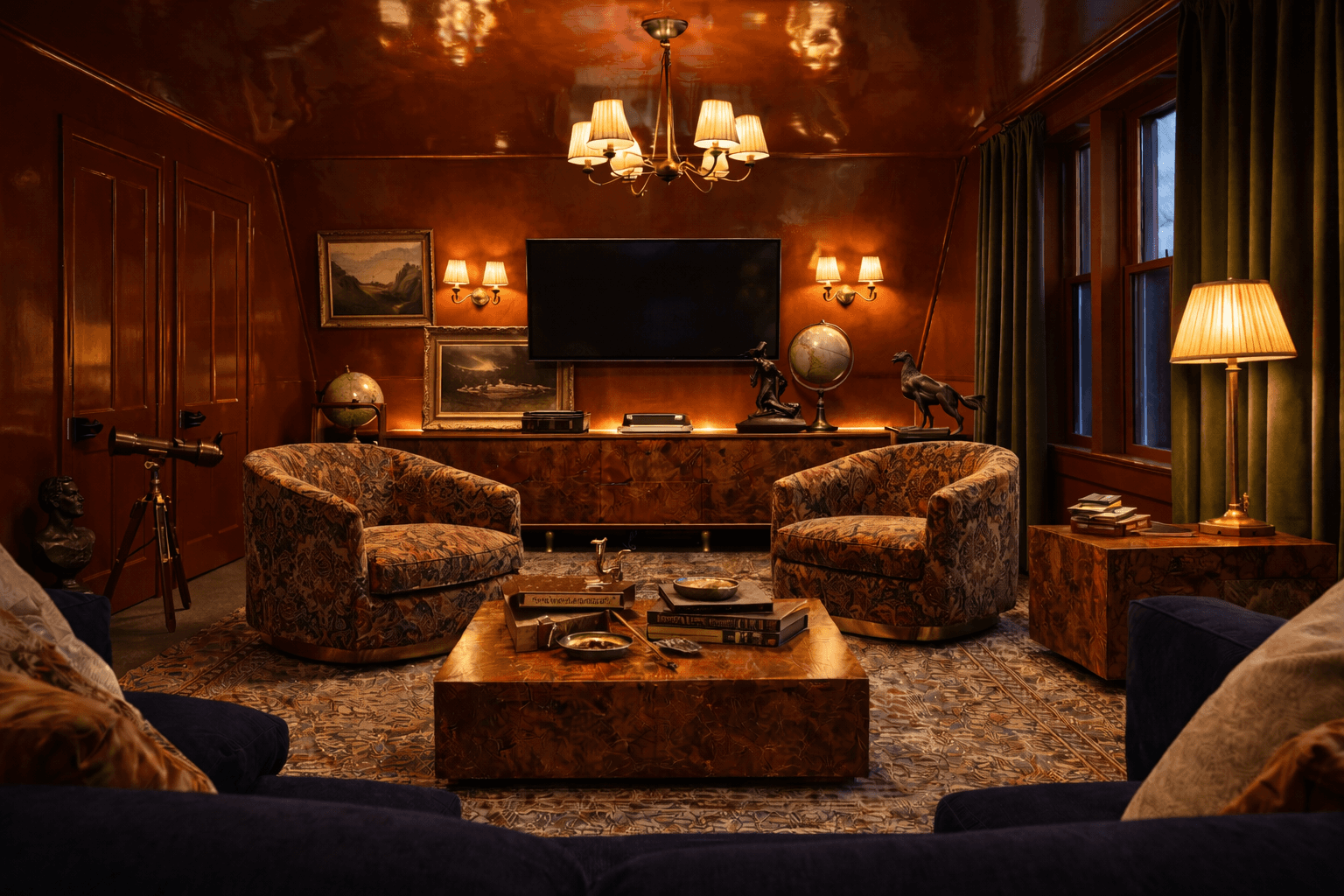 Luxurious den with high-gloss mahogany walls, patterned armchairs, and warm, layered ambient lighting.